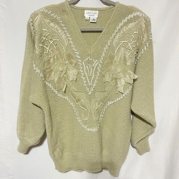 Vintage Adolfo Cream Western Floral Embroidery Dolman Sleeve Sweater - Picture 6 of 13
